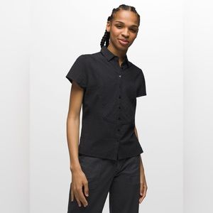prAna Katya Short Sleeve Button Up Shirt Stripe Black NEW Medium